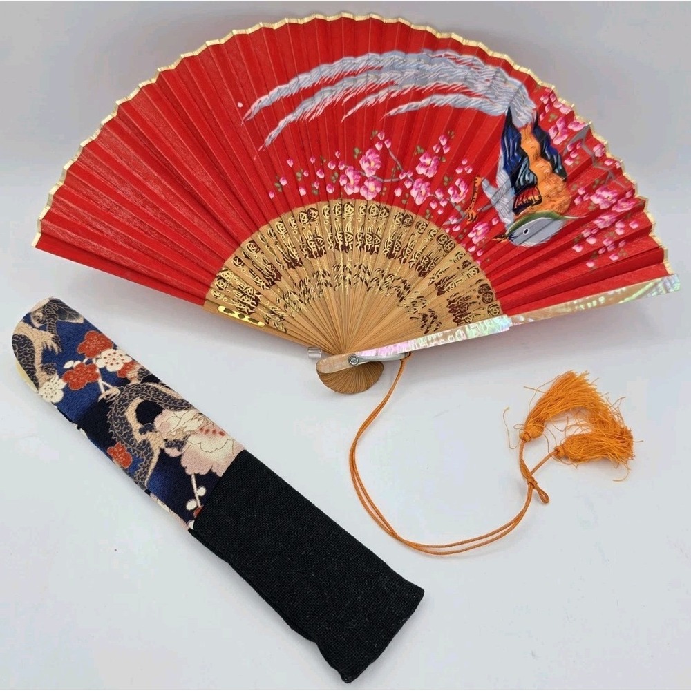 VTG Red&Gold FoldingFan Hand-Painted Bird Floral Design MotherofPearl Lining+Bag